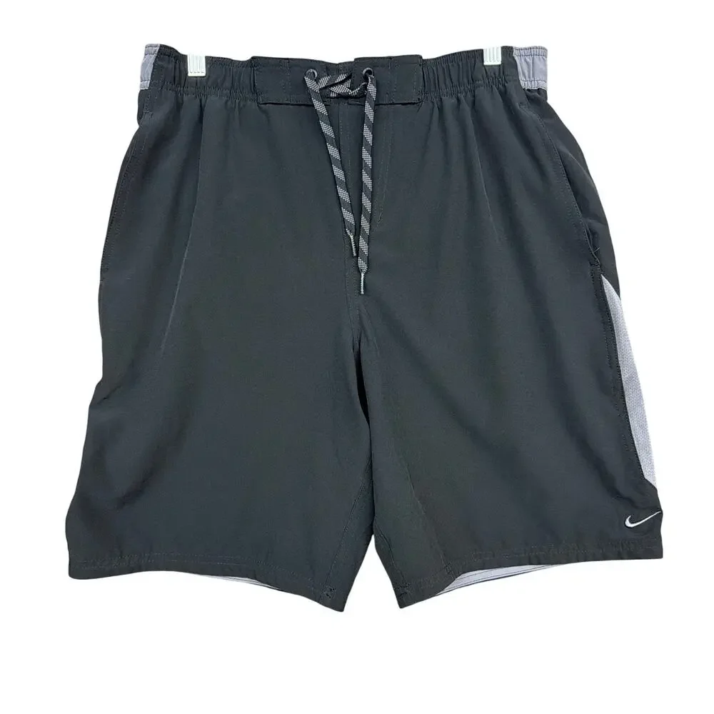 Nike Mens Shorts Black Gray Drawstring Lined Side Pockets Swim Stretch Large